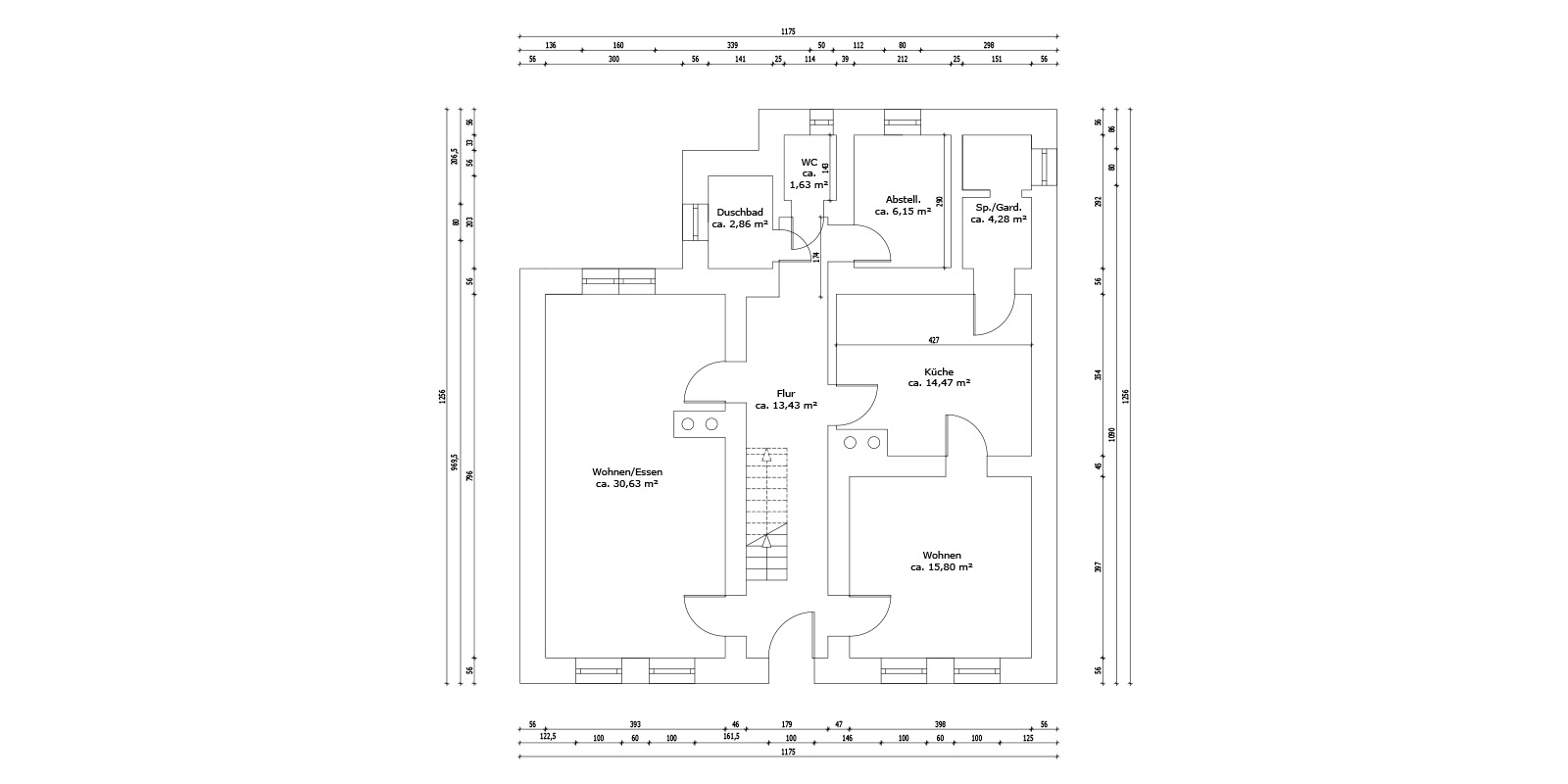 Grundriss Erdgeschoss mit Raumgrößen, Maßen und Funktionsbereichen