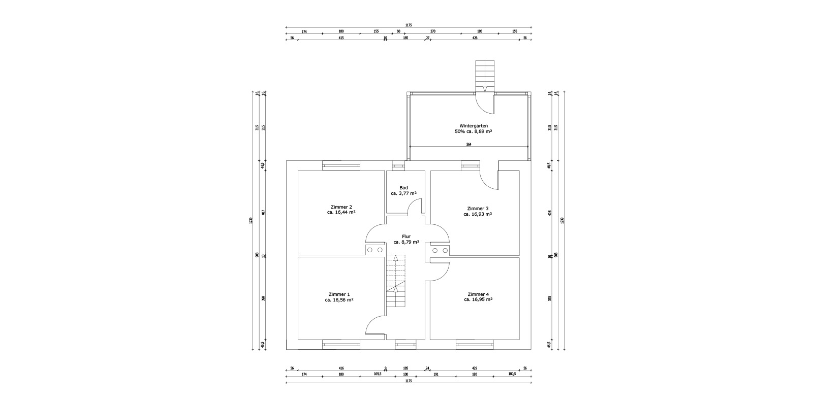 Grundriss mit Maßangaben – Beispiel mit Raumgrößen, Wandstärken und Türpositionen