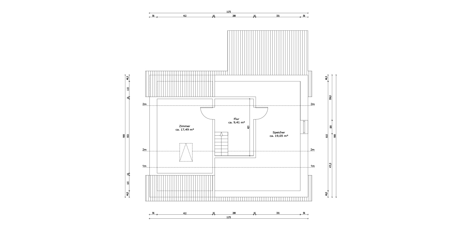 Dachgeschoss Grundriss mit Raummaßen und Dachschrägen – 1m/2m-Linien